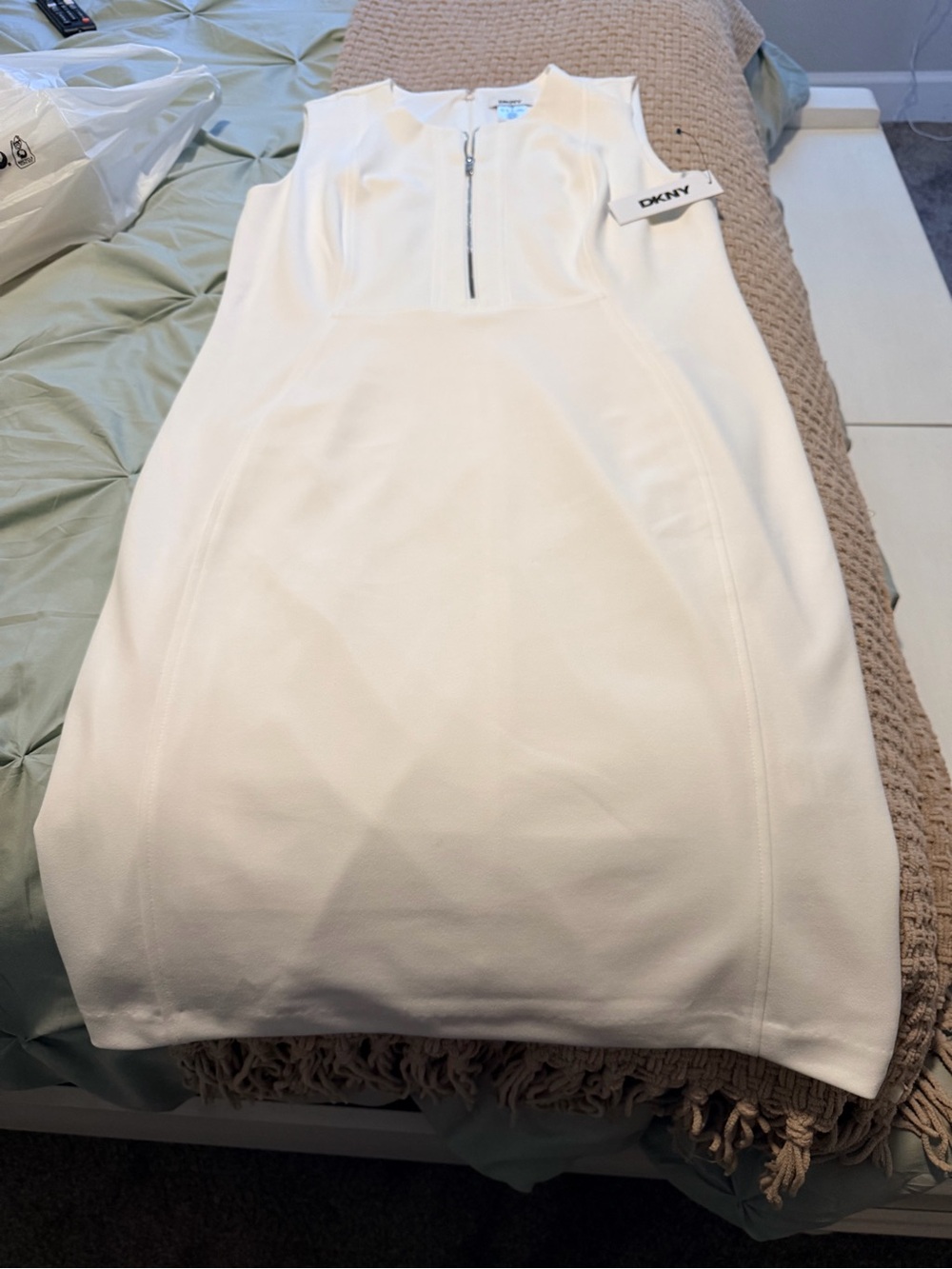 DKNY White Sleeveless Pencil Dress with Front Zip